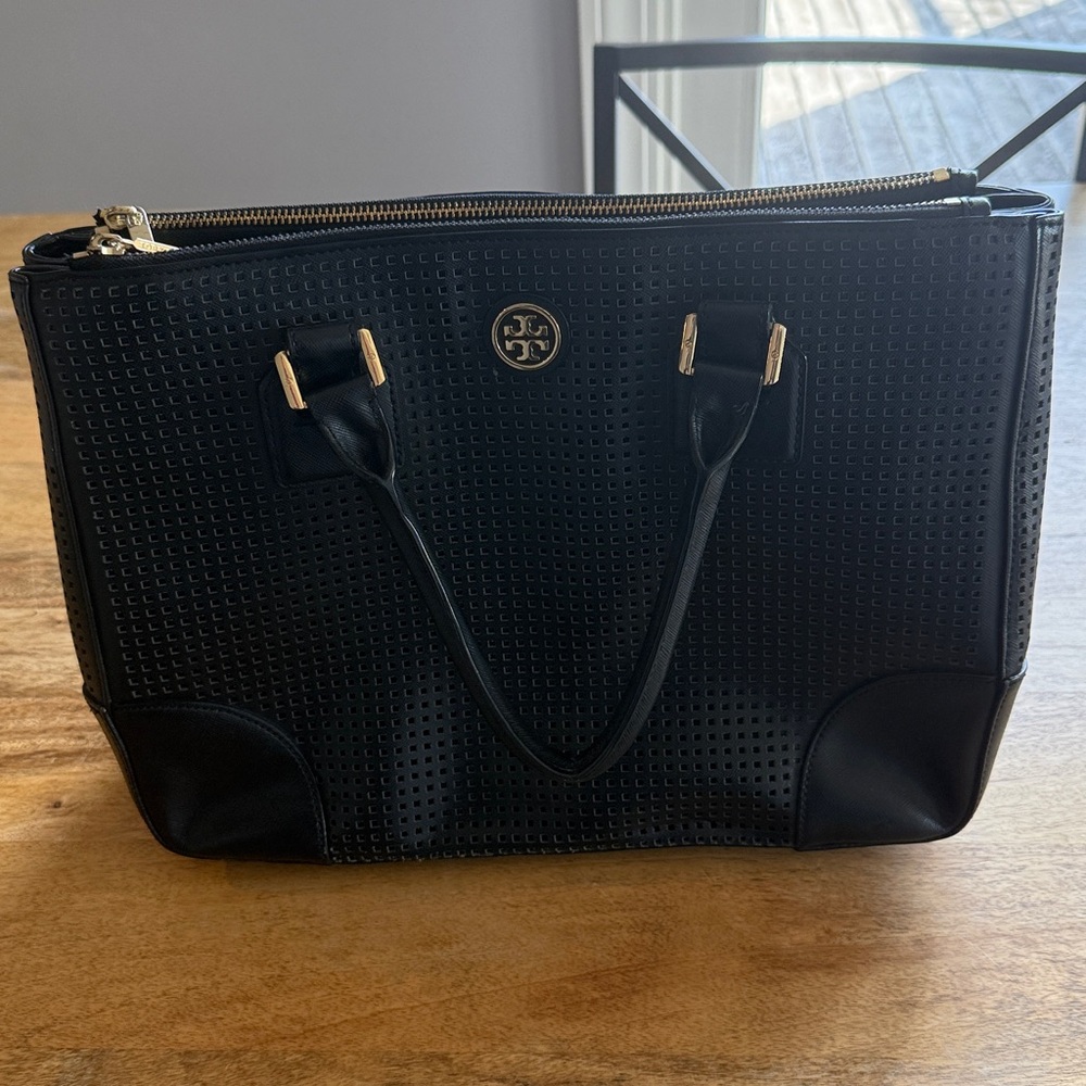 Tory Burch Black Perforated Leather Tote